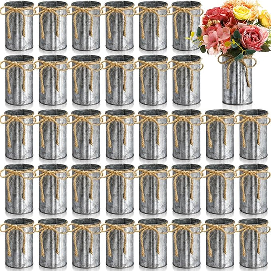 Rustic Vase for Table Centerpieces 4.33 Inch Small Petite Flower Vase with Twine Bow Vintage Farmhouse Decor for Wedding Reception Dining, Home Galvanized Metal Buckets(Iron Color,36 Pcs)