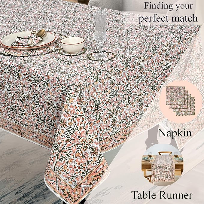 Ridhi Sassy Salmon and Emerald Green Hand Block Print Cotton Rectangle Tablecloth 108" x 70" inches Reusable Table Cover Decorative Everyday Use for Dining Room, Farmhouse, Gift Spring, Mother's Day