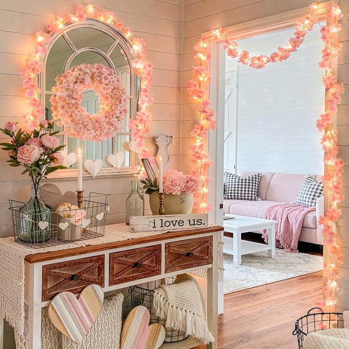 JMEXSUSS Cherry Blossom Lights Battery Operated, 15.75 FT 48 LED Pink Flower Garland with Lights, Artificial Flower Vines Garland for Gackdrop Spring Wedding Bedroom Classroom Indoor Decor