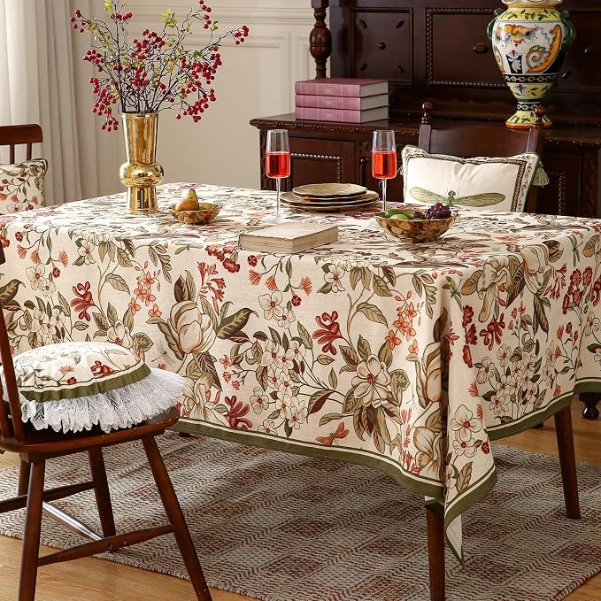 ISAENNE Designer Vintage Linen Rectangular Tablecloth,71"x55"-Grace A | French Elegant Printed Table Cloth for Rectangle Table,Floral Pattern,Decor,Heavyweight,Dining Room,Kitchen,Thanksgiving