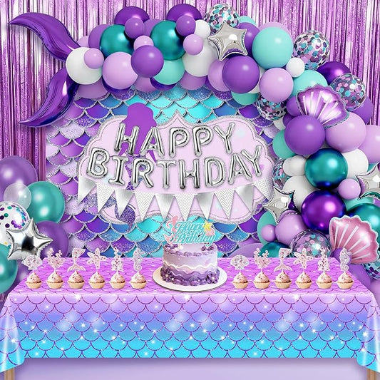 Mermaid Birthday Party Decorations Supplies Includes Banner, Backdrop, Foil & Latex Balloons, Tablecloth, Foil Fringe Curtain, Cake & Cupcake Toppers for Girls Women Under The Sea Theme Party