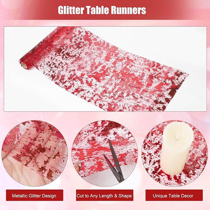 Aneco 12 Pieces Metallic Glitter Table Runner 84 x 11 Inches Red Glitter Mesh Table Runners Sparkle Rectangle Runner Roll Decorations for Wedding Baby Shower Birthday, DIY Home Decor