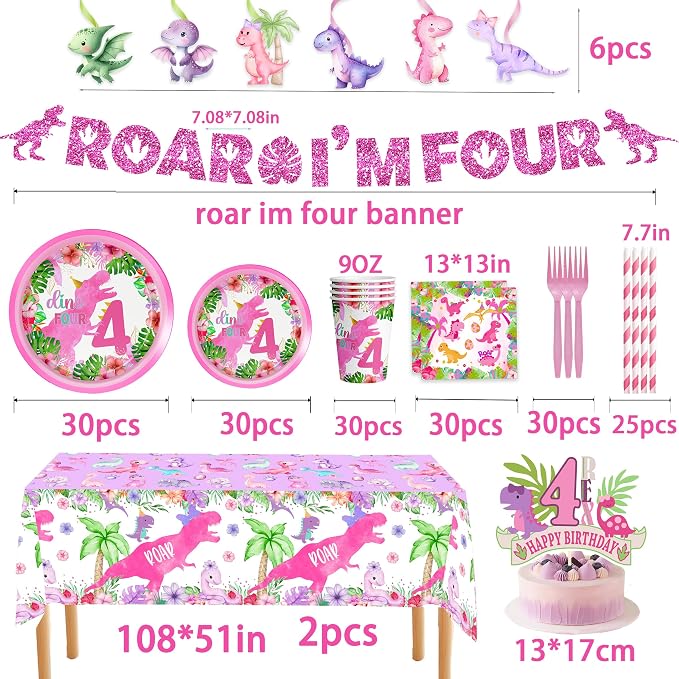 Pink Girl Dinosaur 4th Birthday Decorations for Dino-Four dinosaurs girl Birthday Party Tableware Set include Glitter Roar I'm Four Banner Plates Napkins Cups Tablecloth for 4th Girls Party Supplies