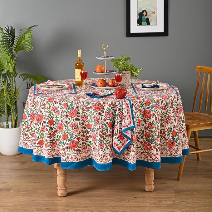 Hand Block Printed Tablecloth – Colorful Floral Print | 100% Cotton | Indian Artisan Handmade Art | Dining Room, Kitchen, Outdoor Décor, (Peach Floral, 8 Napkins, 90 Inches Round)