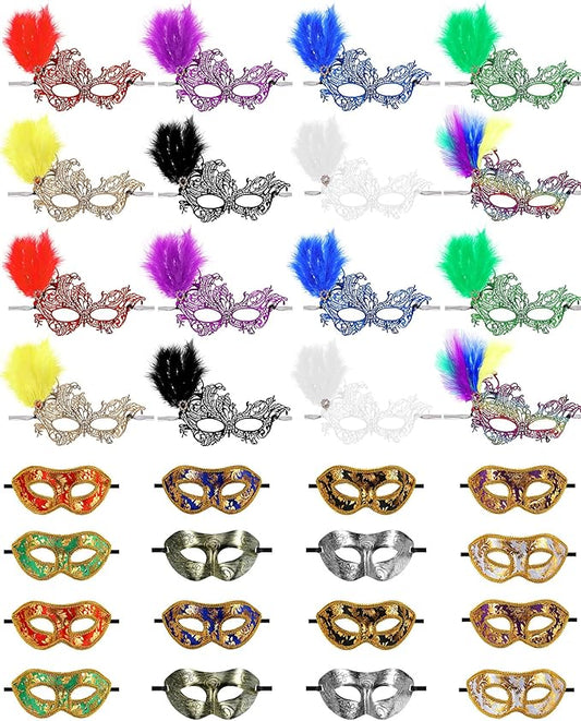Sratte Mardi Gras Couple Masquerade Mask with Feather Flower Unisex Half Face Venetian Mask for Carnival Parade Valentine