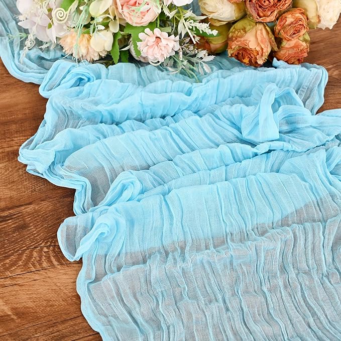 24 Pack Light Blue Cheesecloth Table Runner,9FT Burgundy Runner,17x108inch Rustic Boho Gauze Table Runner for Wedding Party Bridal Shower Thanksgiving Christmas Boho Table Decoration