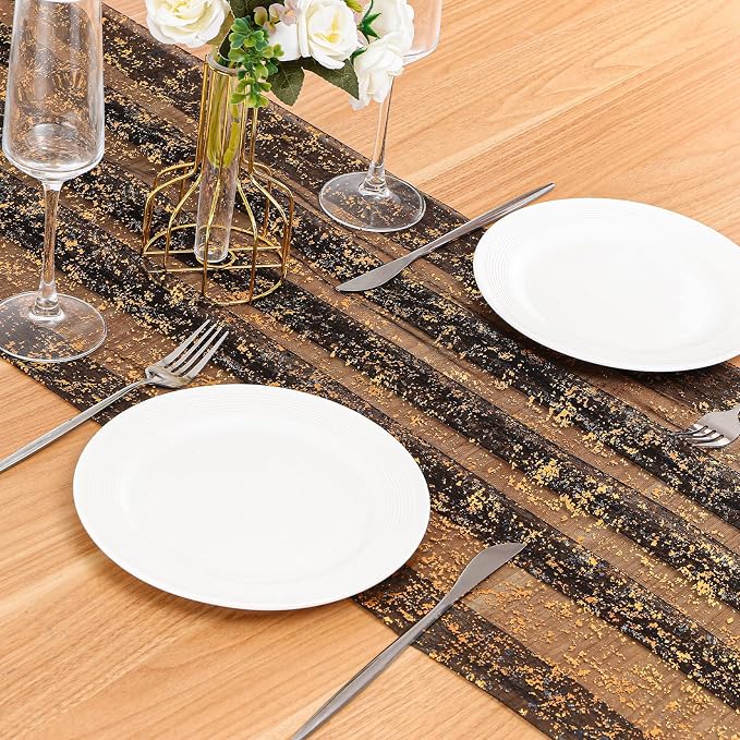 BINBE 3PCS Black Table Runner 10Ft Sheer Chiffon Fabric Cheesecloth Sequin Glitter Table Runner for Wedding Birthday Party Decor