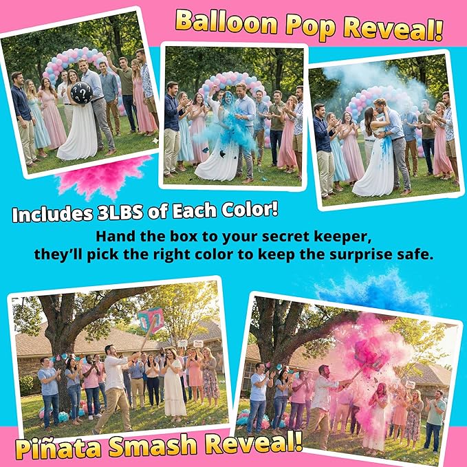 Gender Reveal Powder – 6 lbs, Blackout Bags, Vibrant Pink & Blue Powder for Tire Burnout Color, Exhaust Smoke & Shooting Targets. Baby Boy or Girl Party Kit, 2 x 3LB + Gender Reveal Idea Guide
