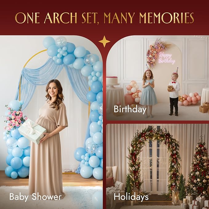 Gold Metal Arch Backdrop Stand for Wedding & Birthday Party Decorations, Foldable Balloon Arch Frame with Easy Assembly, Photo Booth Backdrop Décor with Fairy Lights Options