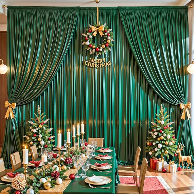 10x10 ft Dark Green Glitter Backdrop Curtain for Parties, Wrinkle Free Glitter Photo Backdrop Drapes 2 Panels 5x10FT Shimmer Back Drop Cloth for Wedding Birthday Christmas Photography Background Decor