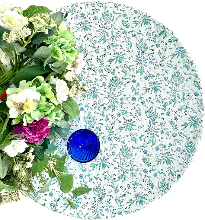 ATOSII Aster Blue 100% Cotton Round Tablecloth, Handblock Print Floral Table Cloth for Kitchen Dining Linen I Parties, Weddings, Outdoors, Easter, Spring Summer Decor I 90" Inches Round