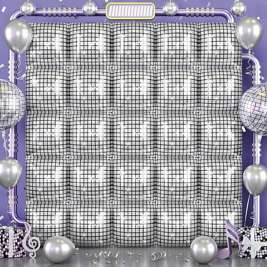 Silver Disco Square Foil Balloons Wall, 25PCS Double Sided Shiny Metallic Silver Square Balloon Backdrop Tunnel Arch Kit Background Decor for Retro 70s 80s 90s Disco Birthdays New Year Graduation