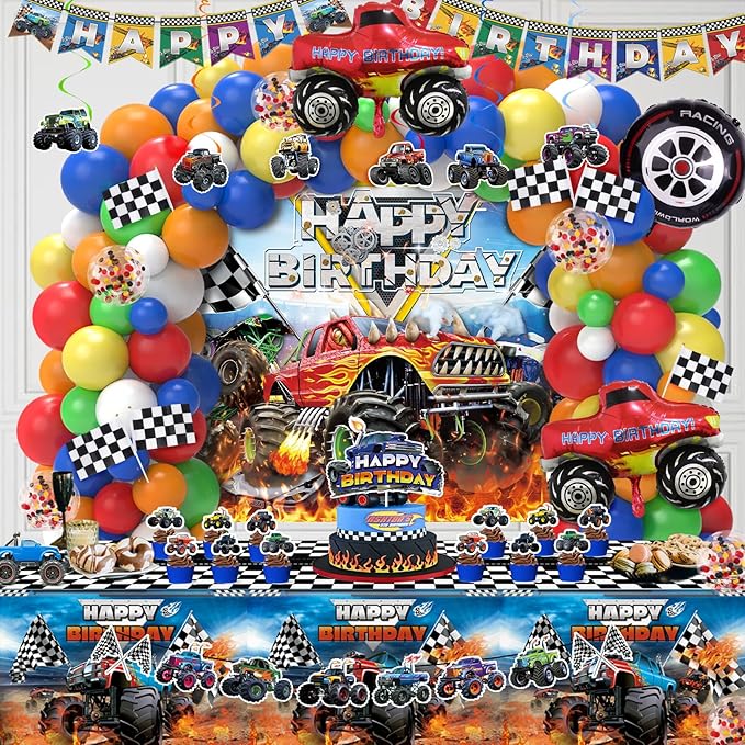 Monster Truck Birthday Decorations, Machines Jam Party Decoration Supplies include Truck Balloons Arch, Tablecloth, Backdrop, Cake Cupcake Toppers, Hanging Swirls, Flags, Truck Birthday Decor for Boys