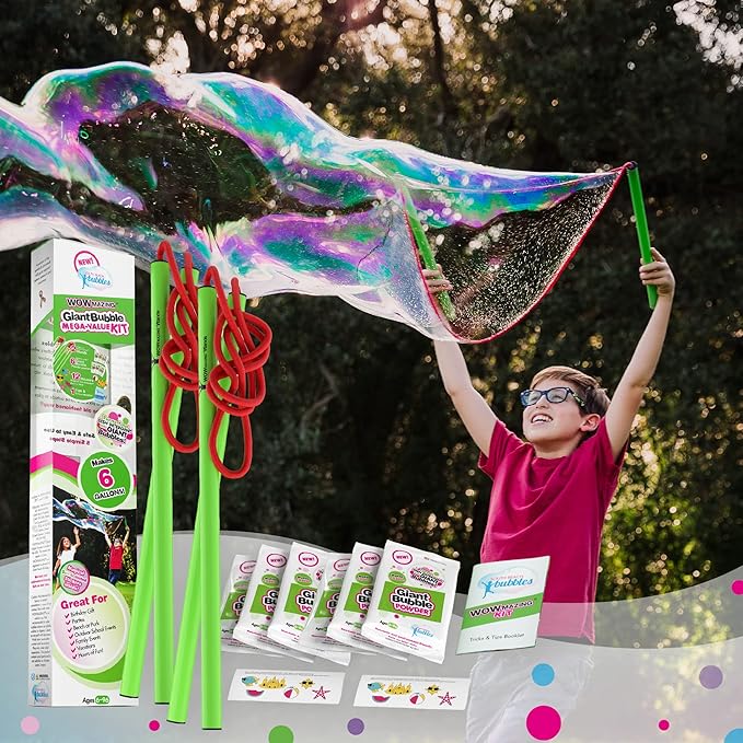 WOWmazing Mega Value Big Bubble Kit: 2 Large Bubble Wands 6-Pack of Big Bubble Powder (Makes 6 Gallons) | Outdoor Toy for Kids, Boys, Girls | Powder Made in USA