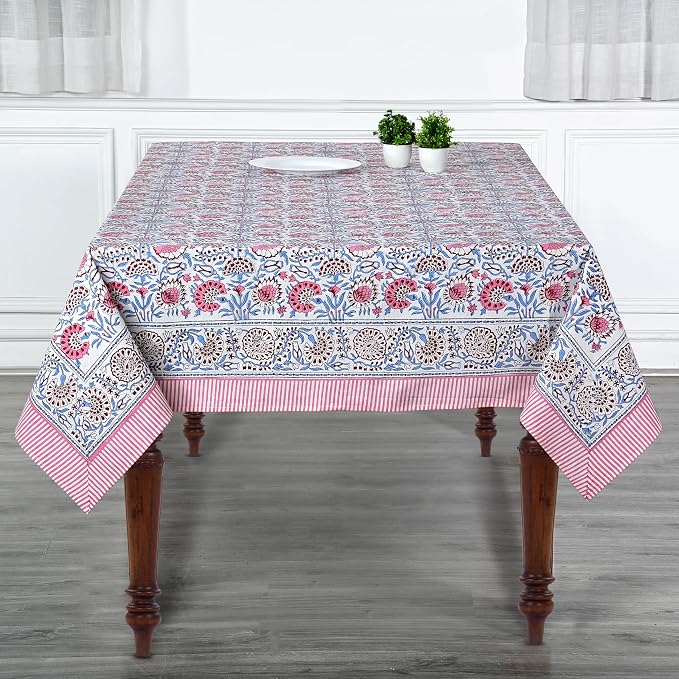 Ridhi Pigeon Blue Hand Block Print Cotton Rectangle Tablecloth 118 x 70 inch-Reusable Table Cover Decorative Everyday Use for Dining Room, Farmhouse, Thanksgiving, Christmas Wedding, Fall