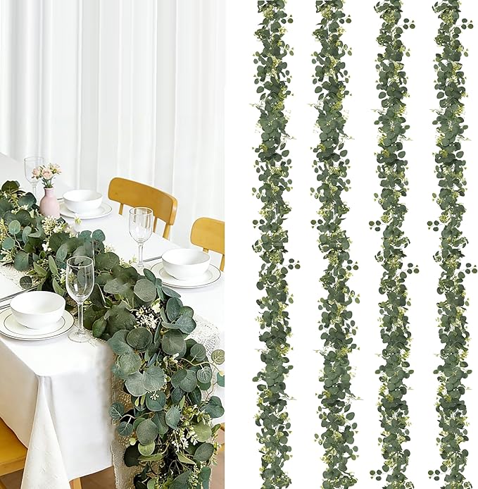 4Pcs Eucalyptus Garland, 6FT Green Garland with Flowers, Artificial Faux Greenery Vines for Wedding Party Table Centerpieces Runner Room Home Mantle Decor