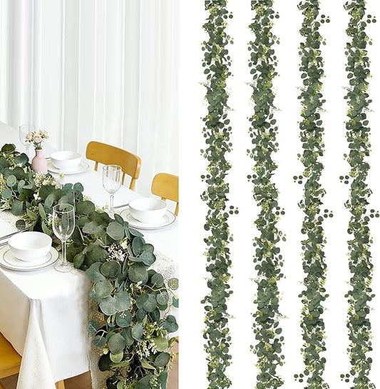 4Pcs Eucalyptus Garland, 6FT Green Garland with Flowers, Artificial Faux Greenery Vines for Wedding Party Table Centerpieces Runner Room Home Mantle Decor