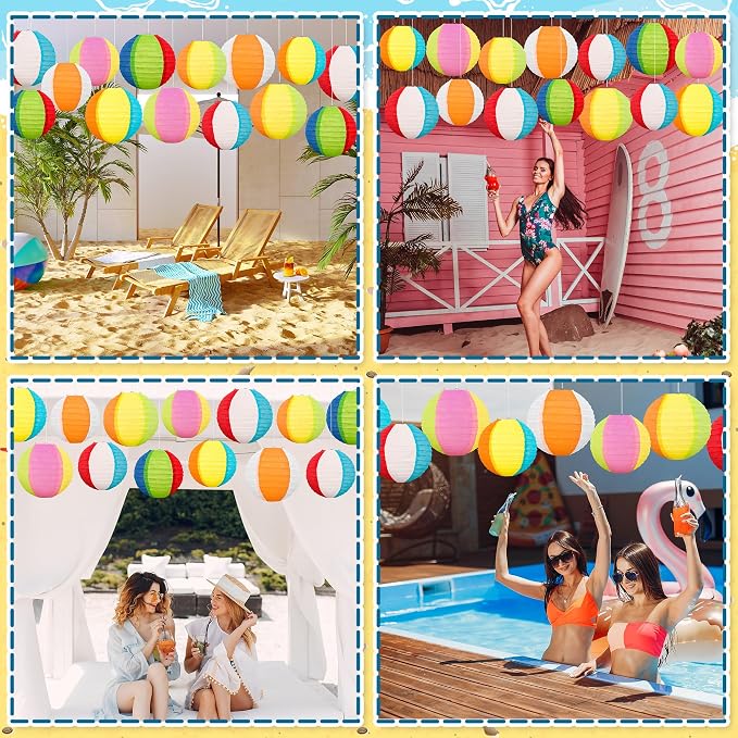30PCS Beach Ball Paper Lanterns Bulk Pool Summer Luau Hawaiian Tropical Hanging Party Decorations Indoor Outdoor