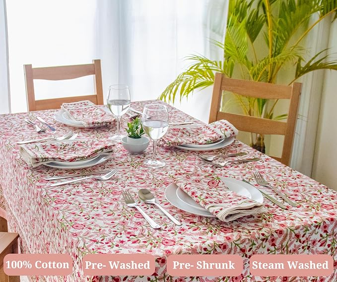 Block Print Peach Table Cloth- 54x108 Inch Rectangle 100% Cotton Handmade Pre-Shrink, Washable for Spring, Kitchen & Dining Perfect for Chirstmas, Patio, Indoor & Outdoor, Farmhouse