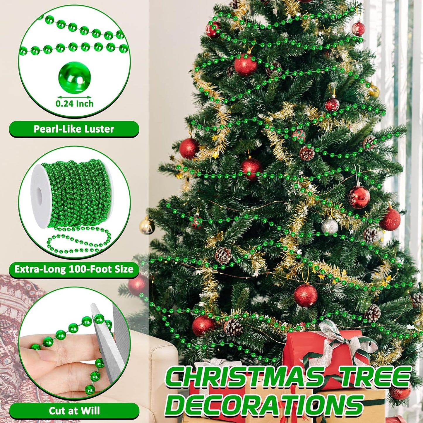 100 Feet Christmas Bead Garland,Plastic Garland Tree Decoration,Hanging Beads Strands Chain Beaded Garlands for Home Mantle Fireplace Wreath DIY Decor Supplies (Green)