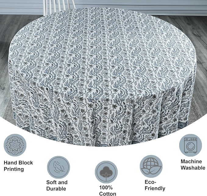 Ridhi Round Tablecloth Hand Block Print 100% Cotton Reusable Baby Blue Eyes 90 Inch Table Cover Decorative Everyday Use for Dining, Home, Party, Wedding, Farmhouse, Party Gift for Spring, Mother's Day