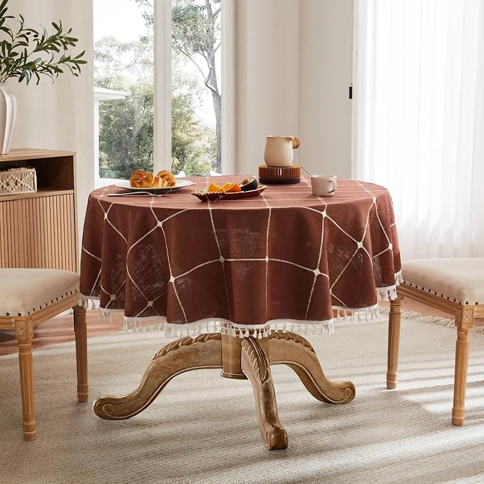 ZeeMart Boho Grid Table Cloth with Tassels (Terracota, 60" Round), Heavy Weight Linen Checked Embroidered Farmhouse Tablecloth, Water Resistant Round Rust Tablecloths