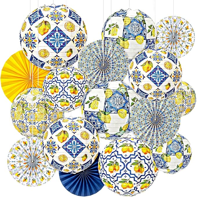 Baquler 24 Pcs Capri Lemon Party Decorations, 12 Paper Lanterns and 12 Hanging Fans, Amalfi Coast Mediterranean Blue Yellow Lemon Decor for Birthday, Bridal Shower, Baby Shower, Wedding, Summer Party