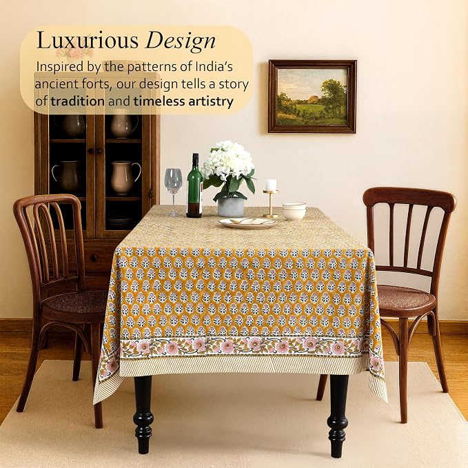 CPC Tablecloth 100% Cotton 70x118 Inch Indian Block Print Rectangle Table Cover, Table Cloth for Weddings, Spring/Summer, Barbeque - Yellow Citrine