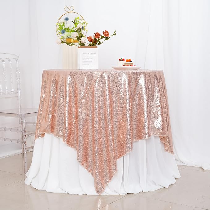 Poise3EHome Rose Gold Sequin Tablecloth 90×90 Inch Square Sequin Fabric Table Cover Overlay for Baby Shower Birthday Party Wedding Holiday Cake Table Decoration