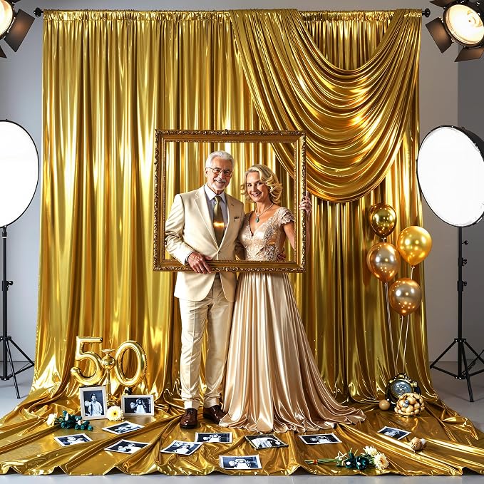 Dark Gold Glitter Backdrop Curtains - 20x12FT Satin Photo Backdrop, Wrinkle-Free Shimmer Back Drop Cloth Shiny Drapes for Photobooth Wedding Birthday Parties Photoshoot Background Decorations