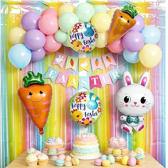 Pastel Balloons Arch Kit Double Stuffed Ma'ca'ron Balloons with Bunny, Carrot & Egg Foil Balloon Easter Banner and Colorful Fringe Curtain for Birthday Baby Shower Spring Pastel Party Decoration
