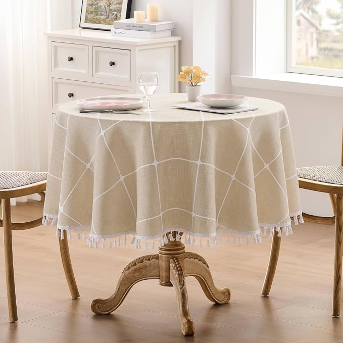 ZeeMart Boho Grid Table Cloth with Tassels (Light Tan, 52" Round), Heavy Weight Linen Checked Embroidered Farmhouse Tablecloth, Water Resistant Round Beige Tablecloths