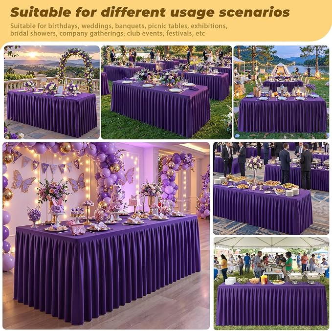 Purple Polyester Table Cloths for Rectangle 8 Foot Tables, 2 Pack Wrinkle Free Tablecloths Stretchy Banquet Ruffle Fitted Table Cover Desk Skirt for Parties Wedding Birthday Baby Shower