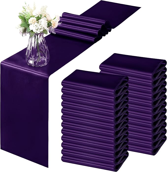 Horbaunal 24 Pack Purple Satin Table Runner 12 x 108 Inch, Smooth Table Runners for Wedding Banquets Birthday Party