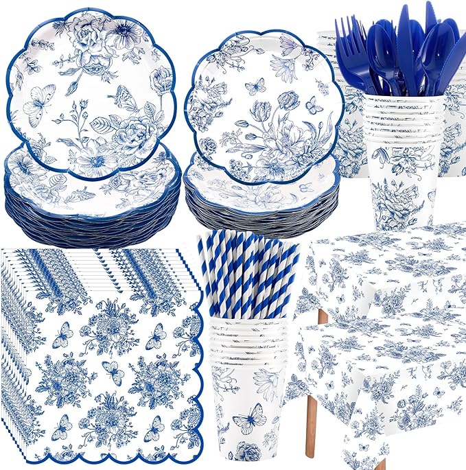 Funnymoom 452 Pcs Blue Floral Plates and Napkins Party Supplies, Scalloped Chinoiserie Blue White Flower Paper Plates Napkins Cups Tablecloth Cutlery Straw for Wedding Bridal Tea Party Decoration
