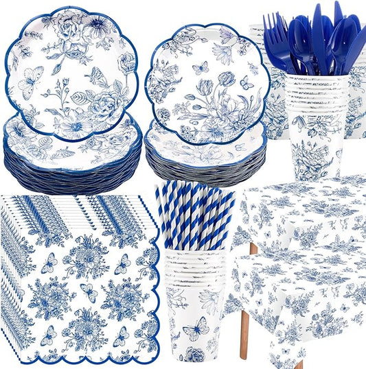 Funnymoom 452 Pcs Blue Floral Plates and Napkins Party Supplies, Scalloped Chinoiserie Blue White Flower Paper Plates Napkins Cups Tablecloth Cutlery Straw for Wedding Bridal Tea Party Decoration