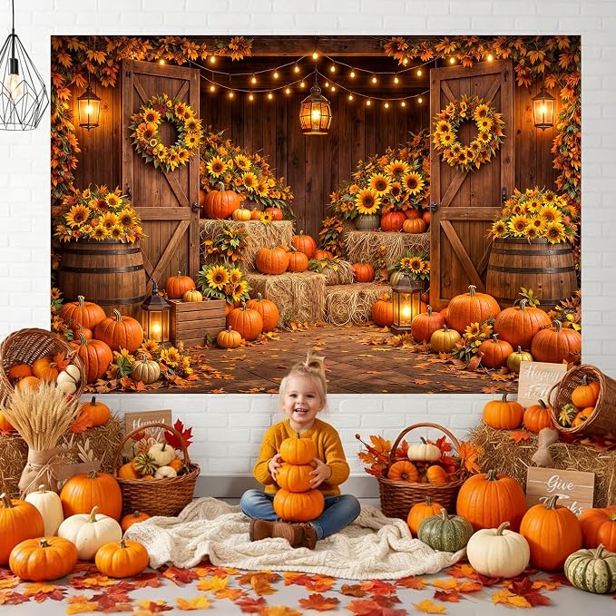 15 x 10 ft Autumn Harvest Barn Backdrop Pumpkin Sunflower Fall Photography Background for Thanksgiving Baby Shower & Birthday Party Photo Booth Studio Props