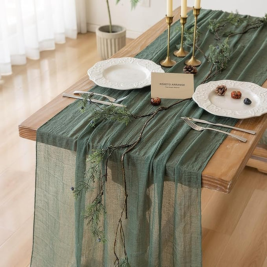 Keketoarrange 3Pcs Forest Green Gauze Rustic Cheesecloth Table Runner 120 Inch 10 FT for Wedding Baby Shower Bridal Shower Birthday Engagement Garden Outdoor Party Long Sheer Boho Decorations