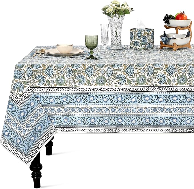 Ridhi Hand Block Print Asparagus Green Rectangle Cotton Tablecloth 108" x 70" Reusable Table Cover Decorative Everyday Use for Dining, Farmhouse, Home Gift for Spring, Easter, Valentine