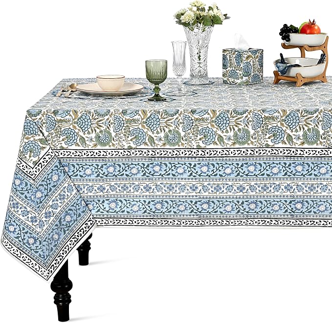 Ridhi Asparagus Green Hand Block Print Cotton Rectangle Tablecloth 190" x 72" inches Reusable Table Cover Decorative Everyday Use for Dining Room, Farmhouse, Home Gift for Spring, Mother's Day