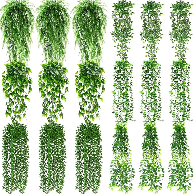 Daifunli 18 Pcs Artificial Hanging Plants Fake Hanging Ferns Plastic Fake Plant for Wall Room Garden Garland Indoor Outdoor Decor No Basket (Eucalyptu,Mandala,Boston,String of Pearl,Podocarpu,Pothos)