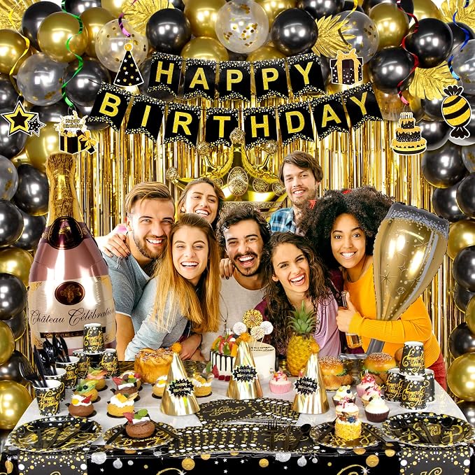 HJINGY Black and Gold Birthday Party Decorations, Happy Birthday Party Supplies for Men Women Includes Balloons, Curtains, Banner, Hanging Swirls, Tablecloth, Plates, Cake Toppers for Party