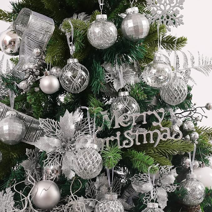 CristBest 30ct Christmas Ball Ornaments-60mm/2.36" Shatterproof Clear Plastic Xmas Balls Baubles Set with Stuffed Delicate Sparkling, Hanging Christmas Tree Decorations(Silver)