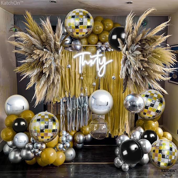 KatchOn, Disco Ball Balloons - Big 22 Inch, Pack of 14 | Black and Silver Balloons for Gold Party Decorations, Karaoke Party Decorations | 4D Sphere Metallic Balloons Disco Party Decorations
