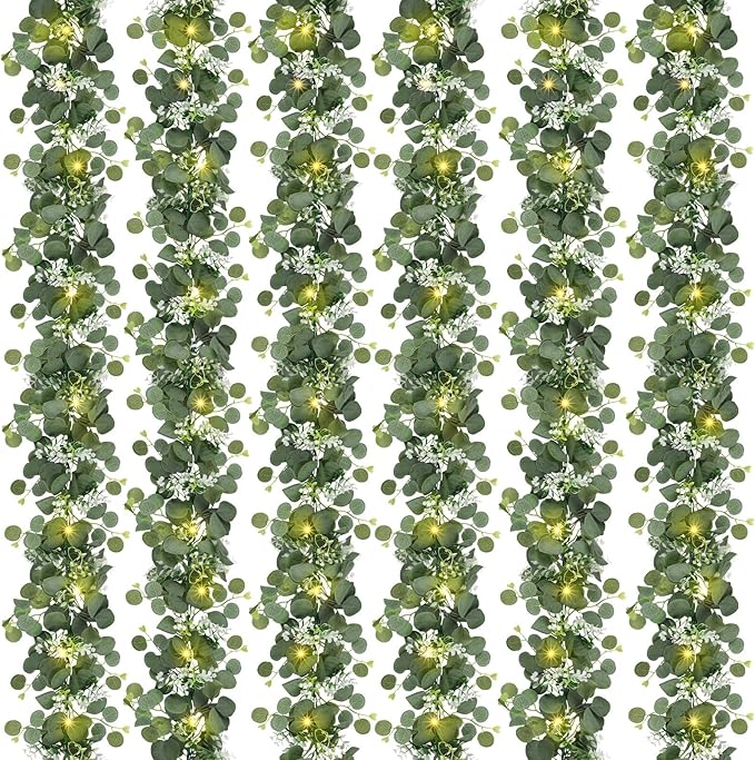 N&T NIETING 6 Pack Artificial Eucalyptus Garland with Lights, 6FT Artificial Greenery Garlands, Battery Operated Twig Vine for Room Stairs Mantle Wedding Holiday Mothers Day Decoration Indoor Outdoor