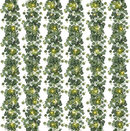 N&T NIETING 6 Pack Artificial Eucalyptus Garland with Lights, 6FT Artificial Greenery Garlands, Battery Operated Twig Vine for Room Stairs Mantle Wedding Holiday Mothers Day Decoration Indoor Outdoor