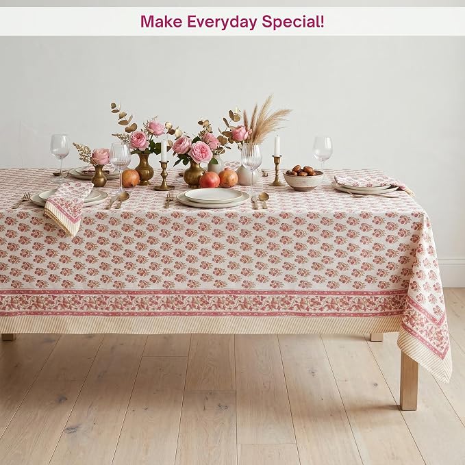 ATOSII Ivy Red 100% Cotton Rectangle Spring Summer Tablecloth, Handblock Floral Print Linen Table Cloth for Kitchen Dining I Parties, Weddings, Outdoors, Easter Decor 60 X 108 Inches, 8 Seater