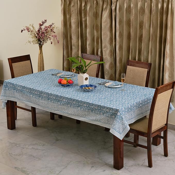 Ridhi Teal Gray Hand Block Print Cotton Rectangle Tablecloth 190" x 72" inches Reusable Table Cover Decorative Everyday Use for Dining Room, Farmhouse, Home Gift for Spring, Mother's Day