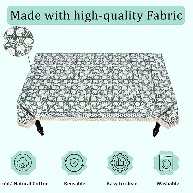 Ridhi Turquoise Moss Green Hand Block Print Cotton Rectangle Tablecloth 160" x 72" inches Reusable Table Cover Decorative Everyday Use for Dining Room, Farmhouse, Home Gift for Spring, Mother's Day