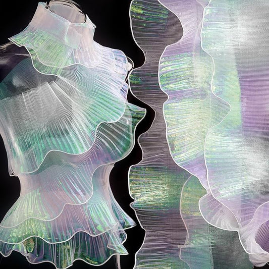 Ganeen 16 Yard Ruffle Pleated Iridescent Ribbon, Jellyfish Organza Ruffle Trim, Retro Tulle Lace Fabric for Jellyfish Costume Sewing Craft Dress Hat Lantern Cake Christmas Tree Decor